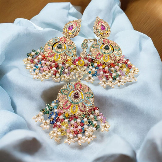 Pakistani/Indian big Mang tikka and Earrings/oversized tikka/jewellery/punjabi tika/jadau tikka/chandlerearrings /StatementEarrings/Earrings