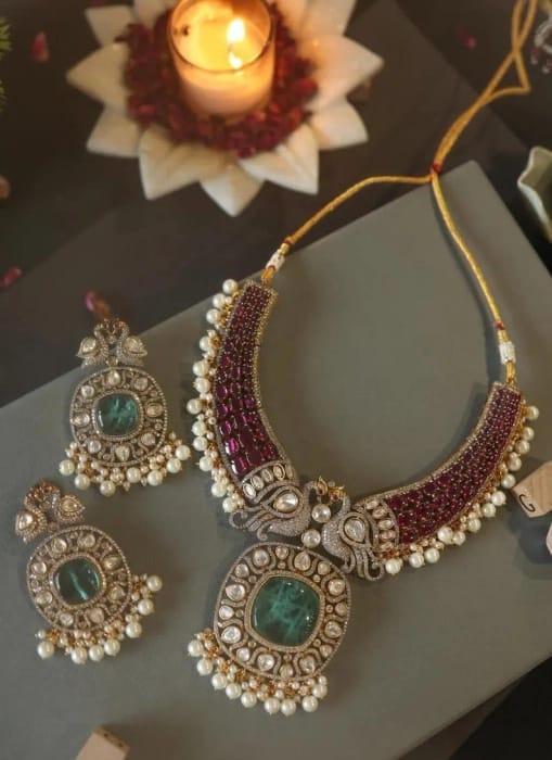 Sabysachi Inspired Victorian Ruby With Emerald Statement Jewelry Necklace With Earrings Wedding