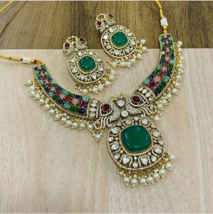 Sabysachi Inspired Victorian Ruby With Emerald Statement Jewelry Necklace With Earrings Wedding