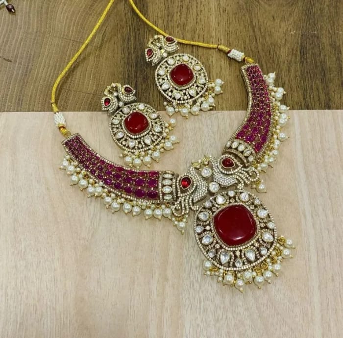 Sabysachi Inspired Victorian Ruby With Emerald Statement Jewelry Necklace With Earrings Wedding