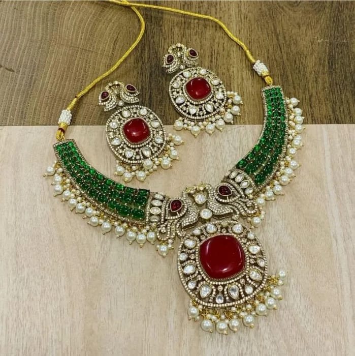 Sabysachi Inspired Victorian Ruby With Emerald Statement Jewelry Necklace With Earrings Wedding